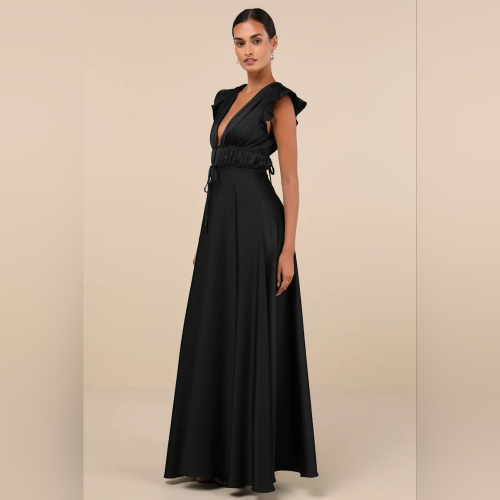 NWT Lulu's I'm All Yours Black Satin Cutout Ruffled Maxi Dress - Picture 4 of 5